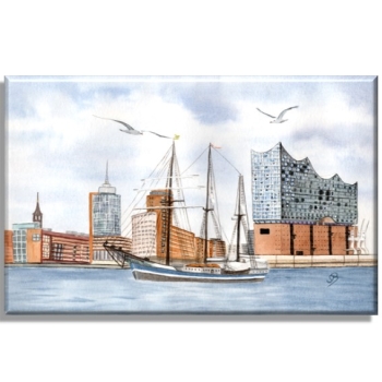 Leinwand 40 x 30 cm Keilrahmen Canvas-Leinen Aquarell Maritim Kunst Druck Kunstdruck Nordsee Hamburg Segelschiff Elbphilharmonie - HH5